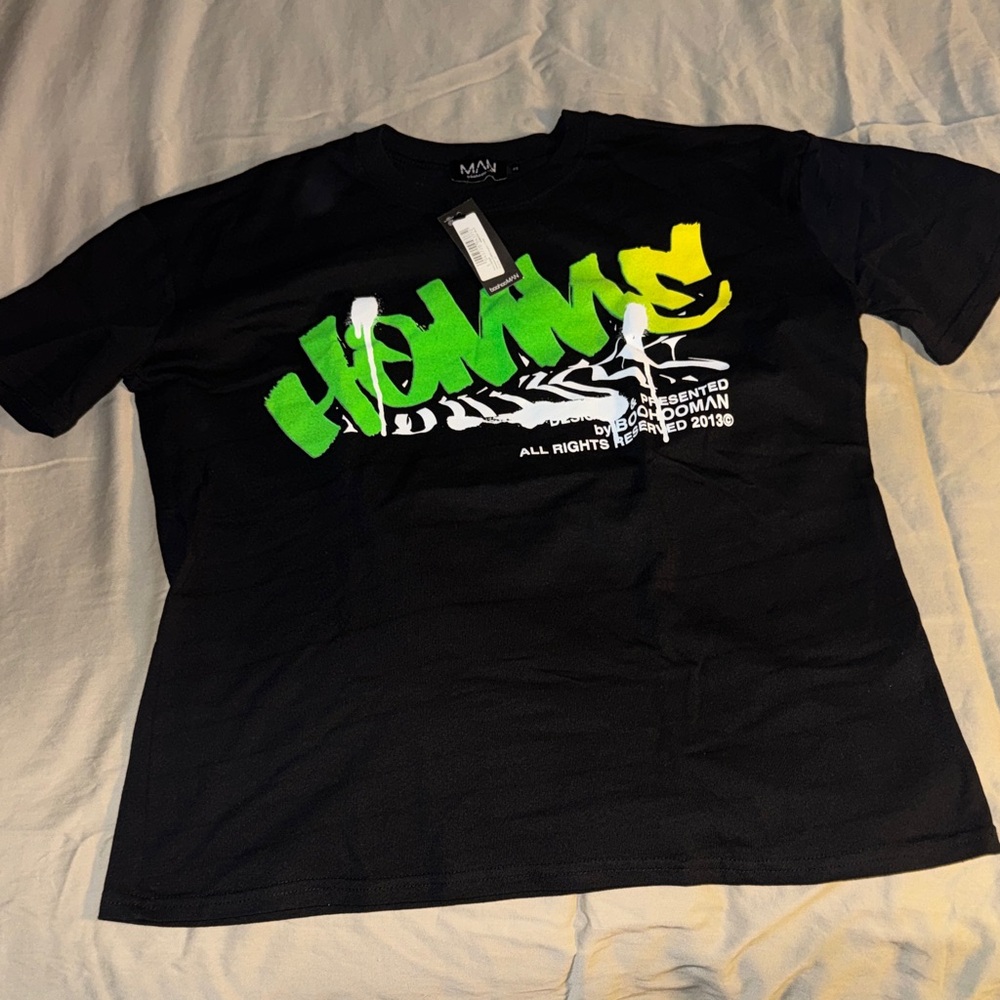 BoohooMAN Black Tee with Neon Green & Yellow Graffiti Print